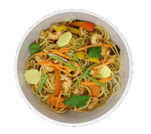 Miehnudeln mit Schrimps und Gemüse in der Schale