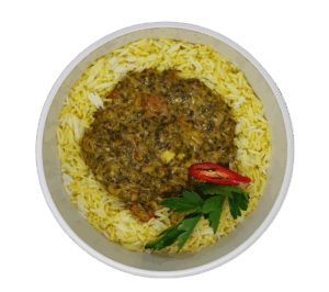 Reis mit Fleisch in der Schale